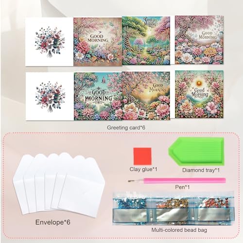 JISHSHAY 6 PCS Flower Diamond Painting Greeting Cards Good Morning Diamond Art Birthday Cards with Envelopes Gem Art Gem Painting Mosaic Kits for Adults for Thanksgiving Anniversary Valentine Festival - Image 3