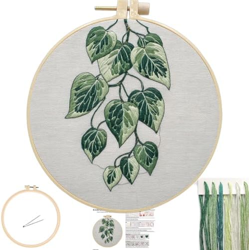 FONNUY Green Plants Embroidery Kit, Cross Stitch Kits for Beginners, Handmade Crafts with Printed Patterns for Beginner Adults, Easy to Follow Color Thread Needlework, 8'' Hoop (Drooping Leaves) by FONNUY