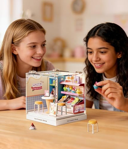 Ice Cream Shop Miniature House Kit, Plastic DIY Dollhouse with Ice Cream Display Counter & Serve Cones, Stackable Transparent Dust Cover, Cute Desktop Decor for Girls Adults Teens - Image 5