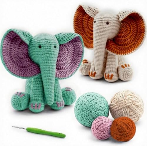 JYZJDKE Crochet Kit for Beginners Adults - DIY Amigurumi Elephant Knitting Starter Kit with Yarn Sets, Crochet Animal Kit Cute Stuffed Animal Craft Birthday Gifts (Beige White+Tiffany Green Elephant) by Unknown