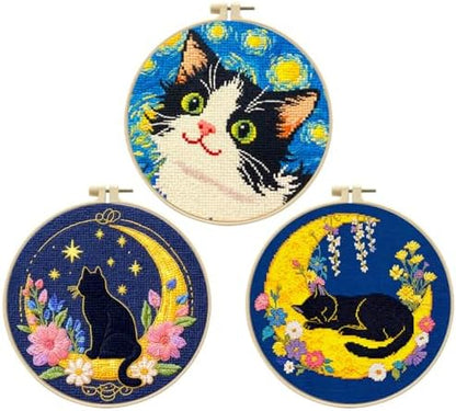 FEIYUENO 3 Sets Cross Stitch Embroidery Kit for Beginner Adults (Cat) - Image 7