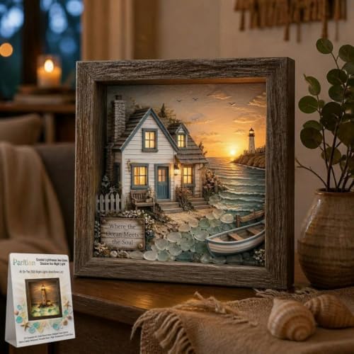 Coastal Lighthouse Sea Glass Shadow Box Night Light Nautical Beach Lamp Home Decor DIY Wooden Picture Frame Ocean Theme Craft Kit Starfish Shells Art Bedside Reading Corner Gift for Adult(#5,USB) by Unknown