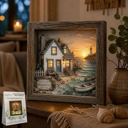 Coastal Lighthouse Sea Glass Shadow Box Night Light Nautical Beach Lamp Home Decor DIY Wooden Picture Frame Ocean Theme Craft Kit Starfish Shells Art Bedside Reading Corner Gift for Adult(#5,Battery) by Unknown