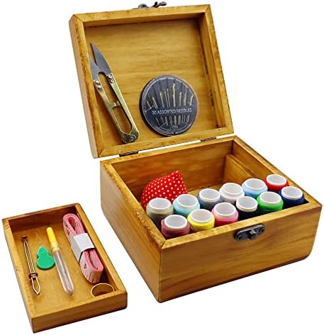 Flytreal Sewing Kit Small Box Basket, Wooden Hand Home Sewing Repair Tool Kit, Beginner Universal Sew Kit Accessories for Women, Men, Adults, Girls, Kids - Image 4