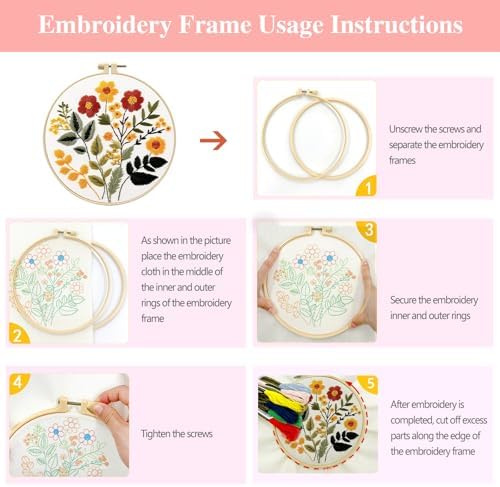 Zhenqing Floral Embroidery Kit for Beginners, Wildflower Botanical Needlework Kit with Pre-Printed Cotton Fabric, Hoop, Threads & Tools, Flower Wall Decor (C0126) - Image 6