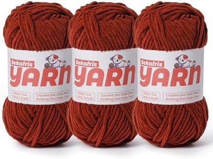 3 Pack Plush Chunky Chenille Yarn for Crocheting, Soft Fluffy Velvet Yarn for Crocheting, Fuzzy Baby Blanket Knitting Yarns, 300g/393yds Bulky Amigurumi Yarns（3 Coffee） by Sekafris