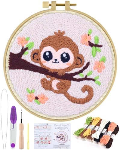 ERKOON Punch Needle Kit for Beginners Adults, DIY Easy Animals Embroidery Set for Starter Art Craft, Needling Punch Project with Patterns, Tools, Yarns, Hoop, Instruction (Monkey) by ERKOON