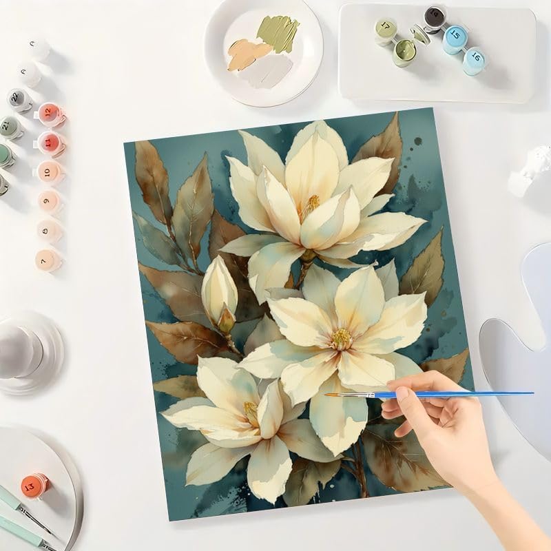 Botanical Painting Paint by Numbers Kit for Adults - DIY Cream Magnolia Flowers and Leaves Painting on Canvas 16x20 Inches, Acrylic Paint Set, Suitable for Beginners, Art for Home Decoration or Gifts - Image 3