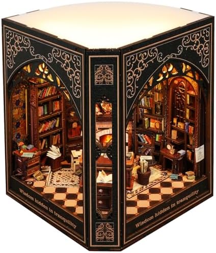 Book Nook Kit – 3D Wooden Puzzle Miniature Dollhouse, DIY Craft for Teens and Adults, Vintage Design with LED Lights and Touch Switch（Classical Library） by Follow