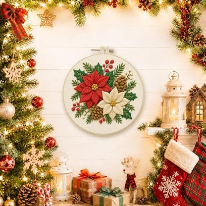 DIYDeligths Christmas Embroidery Kit for Beginners Adults Pre Printed Pattern Hand Needlepoint Craft DIY Art Set with 7.87in Hoop Needle Threads Instructions (Poinsettia) - Image 2