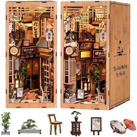 DIY Book Nook Kit for Adults, Japanese Sakura Dollhouse Kit, Miniature House Kit with LED Light, Mini Building Kit, 3D Wooden Puzzles Bookshelf Craft Diorama for Adults Teen Gifts (Sakura Cat Alley) by ANTREATU
