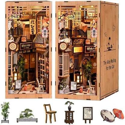 DIY Book Nook Kit for Adults, Japanese Sakura Dollhouse Kit, Miniature House Kit with LED Light, Mini Building Kit, 3D Wooden Puzzles Bookshelf Craft Diorama for Adults Teen Gifts (Sakura Cat Alley) by ANTREATU