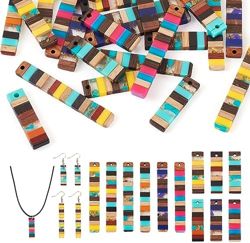 FASHEWELRY 24Pcs Resin Wood Earring Charms Rectangle Wooden Earring Blanks Long Wooden Earring Findings Vintage Colorful Boho Charms for Jewelry Making by FASHEWELRY