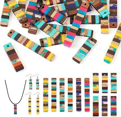 FASHEWELRY 24Pcs Resin Wood Earring Charms Rectangle Wooden Earring Blanks Long Wooden Earring Findings Vintage Colorful Boho Charms for Jewelry Making by FASHEWELRY