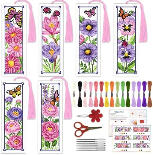 ACRNIGHEET 6PCS Cross Stitch Bookmark Kit for Beginner Stamped Cross Stitch Kits for Adults Floral DIY Tassel Embroidery Bookmark Kits Needlepoint Kit with Instructions Craft Gift 8.5''x3'' 11CT by ACRNIGHEET