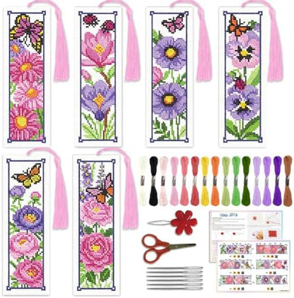 ACRNIGHEET 6PCS Cross Stitch Bookmark Kit for Beginner Stamped Cross Stitch Kits for Adults Floral DIY Tassel Embroidery Bookmark Kits Needlepoint Kit with Instructions Craft Gift 8.5''x3'' 11CT by ACRNIGHEET