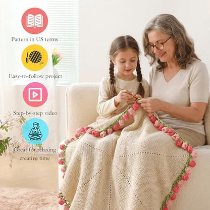 HZYZW Crochet Flower Blanket Kit for Beginners, 40'' Lily of The Valley Bouquet, Blanket Shawl Throw Kits for Adults, How to Knitting with Yarn, Home Decor Gifts for Crocheters (Grey-Pink Lily) - Image 2