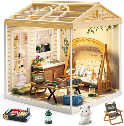 Summer Courtyard DIY Miniature House Kit with Roof & LED Light, Stackable & Connectable Dollhouse Kit with Dustproof Doors, Creative DIY Crafts Building Toy Gift for Adults Teens by Unknown
