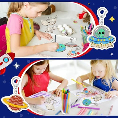 Trnayi 36 Pcs Outer Space Wood Keychain Color Your Own DIY Craft - Image 4