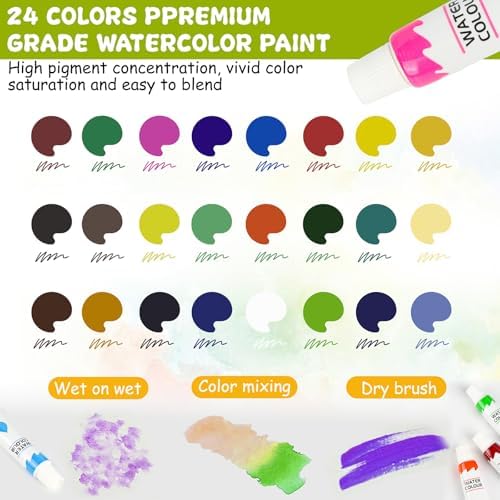 Mini Watercolor Travel Set, 24 Colors Pocket Watercolor Paint Kit with Walnut Wood Palette, 2 Sketchbooks, 5 Brushes & Carry Bag – Portable Art Supplies for Beginners, Artists and Outdoor Sketching - Image 5