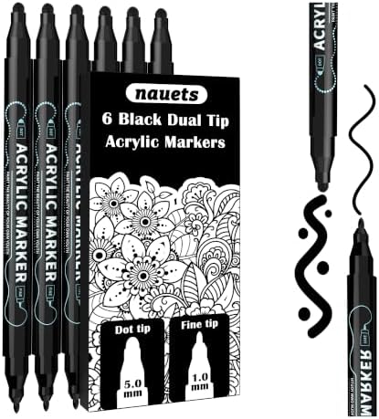 nauets 6 Black Dual Tip Acrylic Paint Markers Pens - Dot & Fine by nauets