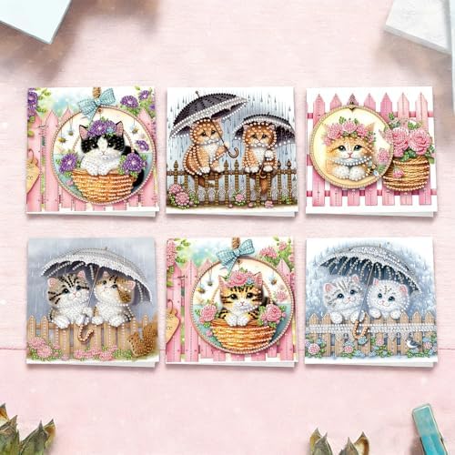 6pcs Rose Cats with Umbrella Diamond Art Painting Greeting Cards Kit with Envelopes, 5D DIY Special Shaped Card Making Kits for Adults, Holiday Birthday Postcards, Creative Craft Gifts - Image 4