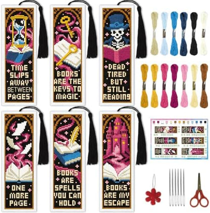INFUNLY 6 Pcs Magic Book Cross Stitch Bookmark Kit with Tassels, Stamped Pre-Printed Embroidery for Adult Beginners, Tools with Floss Scissors Needles Instructions, DIY Gift for Book Lovers by INFUNLY
