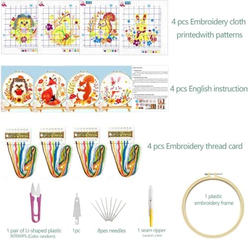 Zhenqing 4 Pack Woodland Animal Stamped Cross Stitch Kit, 11CT Printed Fox Squirrel Hedgehog Bunny Patterns with Hoop and Tools for Adults and Beginners - Image 6