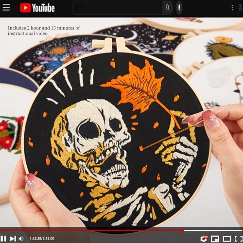 Crafmanoe Halloween Gothic Embroidery Starter Kit for Beginners Adults, Skull Skeleton Stamped Cross Stitch Kits for Beginners Adults, Funny Fall Hand Embroidery Needlepoint Kits with Video Tutorial - Image 3