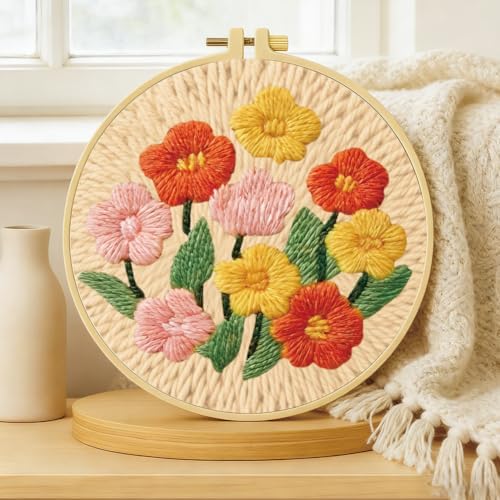 BEUNITONE 2PCS Flower Punch Needle Kit for Adults Beginners, Complete DIY Craft Needlepoint Kits with Hoop, Punch Needle Starter Craft Embroidery Set for Handmade Decor & Floral Stitching Projects - Image 6