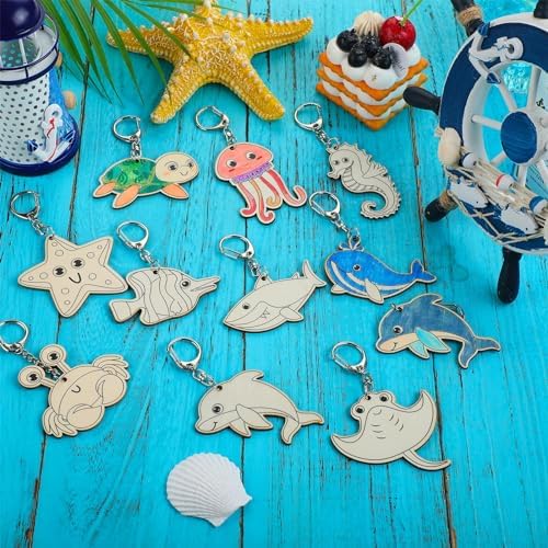 Trnayi 36 Pcs Sea Life Unfinished Wood Keychain Color Your Own DIY Craft - Image 3