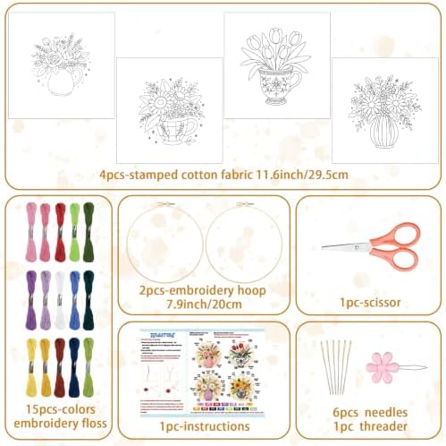 BEUNITONE 4 Set Embroidery Kits for Beginners, Flower Arrangement Design with Pre-Stamped Pattern Craft Kits Include Instruction and Hoops, 7.9x7.9 Needlepoint Kits for Festival Gifts and Home Decor - Image 2