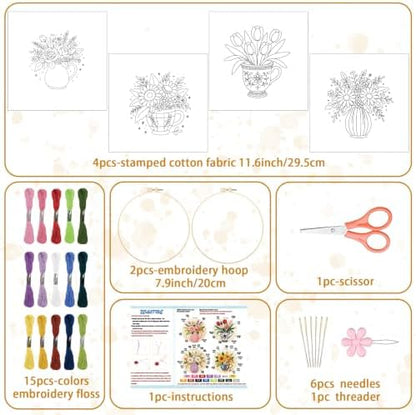 BEUNITONE 4 Set Embroidery Kits for Beginners, Flower Arrangement Design with Pre-Stamped Pattern Craft Kits Include Instruction and Hoops, 7.9x7.9 Needlepoint Kits for Festival Gifts and Home Decor - Image 2
