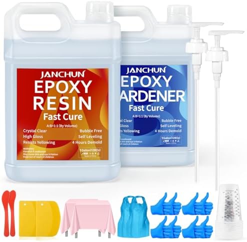 JANCHUN Crystal Clear Epoxy Resin Kit 2 Gallon, Bubble-Free, Anti-Yellowing, Self Leveling Easy Mix 1:1 Coating and Casting Resin for Table Top, Molds, Tumbler Crafts, Painting, Jewelry, DIY Gifts by JANCHUN