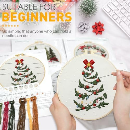 5 Sets Christmas Embroidery Kit for Beginners Adults Embroidery Starter Kit Pine Tree Nutcracker Patterns Winter Xmas Embroiderys Needlepoint Kits Includes Instruction 2 Hoops Color Threads Needles - Image 4
