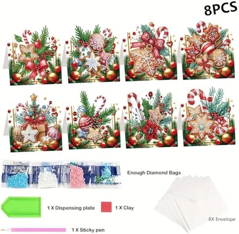 jinglinhh 8pcs Diamond Art Painting Christmas Cookies Greeting Cards with Envelopes, DIY Card Making Kits for Adults, Diamond Art Postcards Christmas Cards Craft Gifts - Image 3