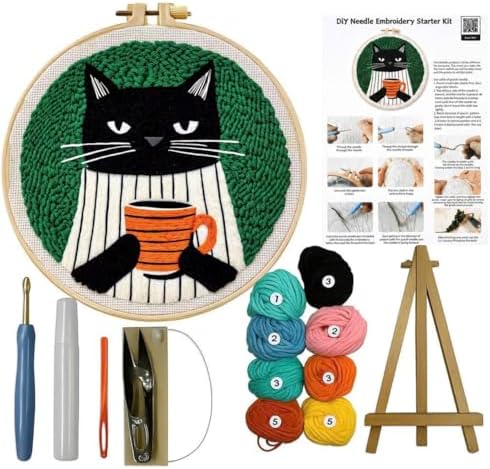 CELCRAFTIQUE Punch Needle Kits for Adults Beginner, Tool with Punch Needle Fabric, Hoops, Yarns and Sewing Needles (Coffee Cat) by Unknown