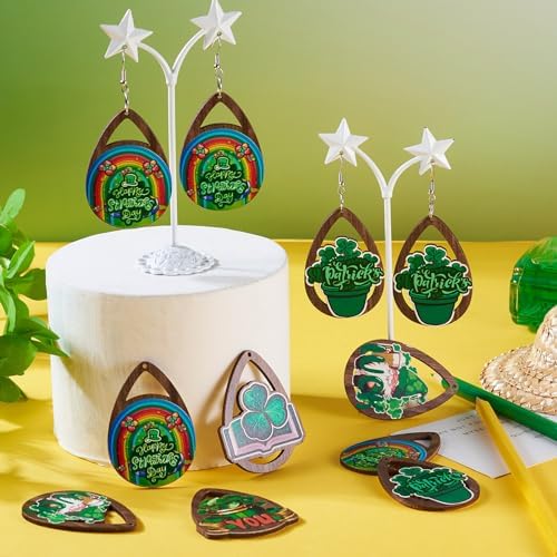 EEE ELECRELIVE 20Pcs St. Patrick's Day Earring Charms Wooden Dangle Earrings Green Leaf Wood Earrings Teardrop Wood Pendants Shamrock Charms with Earring Hooks for Women Jewelry - Image 3