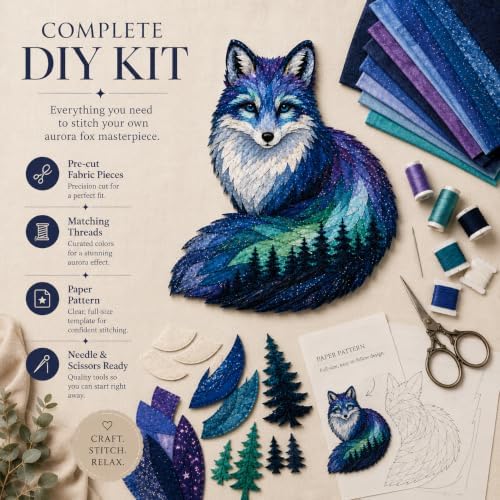 Northern Lights Animal Embroidery Kit DIY Fabric Patchwork Craft Set (F+WH) - Image 4