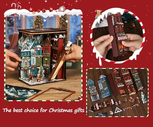 Book Nook, Christmas Cottage 3D Wooden Puzzle with LED Lights, DIY Festive Holiday Bookend Decor, Cozy Winter Scene with Christmas Tree, Wreath, and Snowman - Image 6