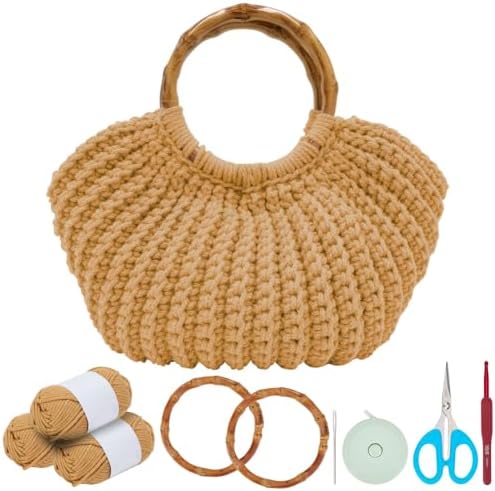 ACRNIGHEET Crochet Bag Kit for Adults Khaki Colored Handbag Crochet Kit for Beginners Knitting Purse Starters Making Kit with 2 Wooden Handle Include Step-by-Step Instructions and Video Guidance by ACRNIGHEET