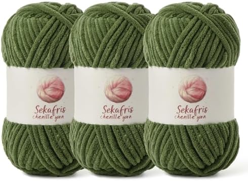 Chenille Yarn for Crocheting Size 5 Bulky Yarn 3 Army Green by Sekafris