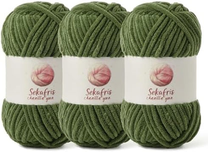 Chenille Yarn for Crocheting Size 5 Bulky Yarn 3 Army Green by Sekafris