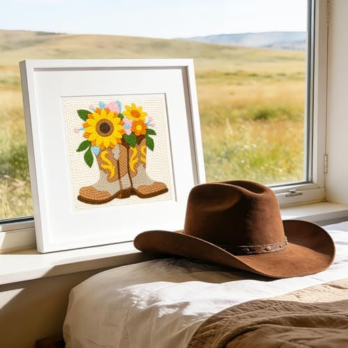 DOODLREAM Western Boots Punch Needle Kit for Beginner, 9.4"x9.4" Sunflower Punch Stitching Craft Set, DIY Embroidery Starter with Printed Frame, Instruction, Threader, Yarn, Pinch Needle - Image 6