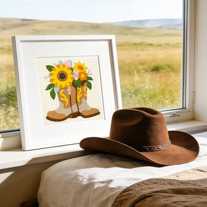 DOODLREAM Western Boots Punch Needle Kit for Beginner, 9.4"x9.4" Sunflower Punch Stitching Craft Set, DIY Embroidery Starter with Printed Frame, Instruction, Threader, Yarn, Pinch Needle - Image 6