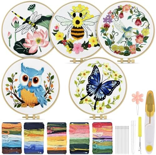 TINDTOP 5 Sets Embroidery Kit for Beginners Adult, Embroidery Kit for Beginners Include Embroidery Cloth Hoops Threads for Craft Lover Hand Stitch with Embroidery Skill Techniques by TINDTOP