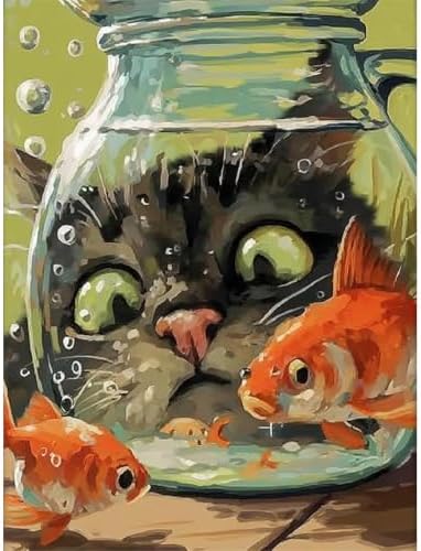 Fairyland JinWenn Curious Cat Fish Paint by Numbers Kit for Adults Framed Canvas Frameworkless by FairylandJinWenn