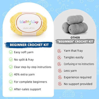 WaldyWop Crochet Kit for Beginners: 3Pcs Ocean Friends Wobbles Crochet Animal Kit for Starter Adults - Dly StressRelief Ball w/ 40% Extra Yarn, Easy Video & Instructions - Christmas Gift for Women - Image 5