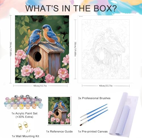 Natuyalo Paint by Numbers Kit for Adults, Blue Birds Paint By Number Kits for Beginner Animals House Acrylic Painting Kit Adults' Paint-by-Number Kits for Gift Home Wall Decor 16x20 inch - Image 5
