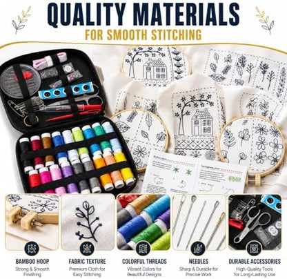 Homentry Embroidery Kit for Beginners | Gift Box with Full Set | Video Tutorial, 3pcs Hoops, 106 Patterns, 65 Water Soluble Designs, 86PCS Sewing Supplies | Starter Cross Stitch Book Kit - Image 5